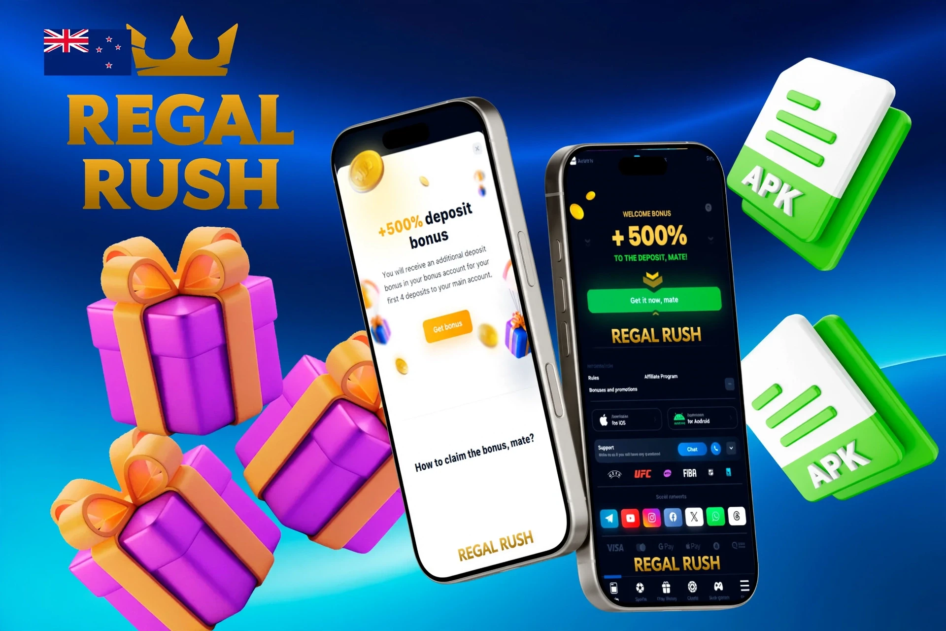 Regal Rush Casino mobile app promotion with 100% up to NZ$1,000 + 200 Free Spins on Sweet Rush Bonanza and gift box illustration