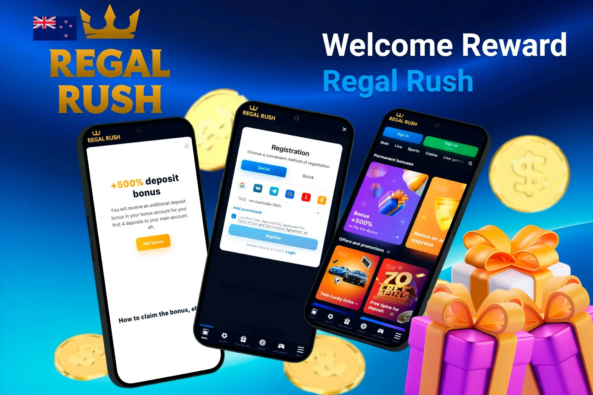 Mobile screens displaying Regal Rush Casino registration and 100% up to NZ$1,000 plus 200 Free Spins on Sweet Rush Bonanza with gift boxes