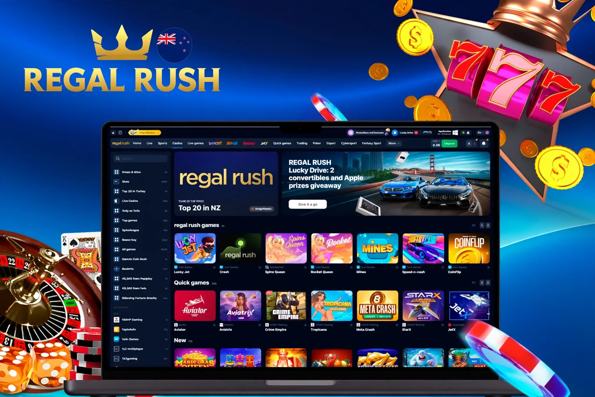 Regal Rush Casino homepage with various slot and crash games, including Lucky Jet and Blazing Crown