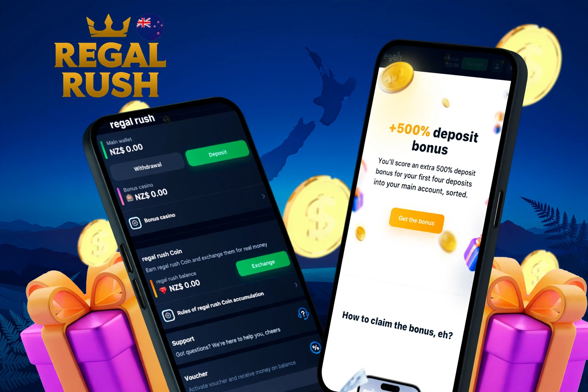 Regal Rush Casino deposit and withdrawal screen showing wallet balance, account management options, and a welcome bonus offer of 100% up to NZ$1,000 + 200 Free Spins