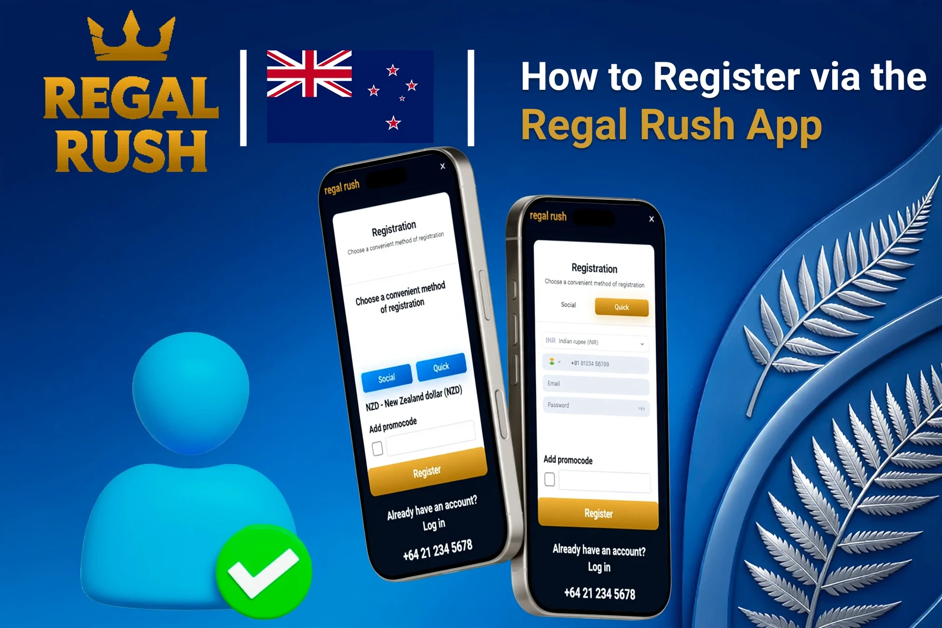 Registration process on the Regal Rush Casino mobile app with social login options