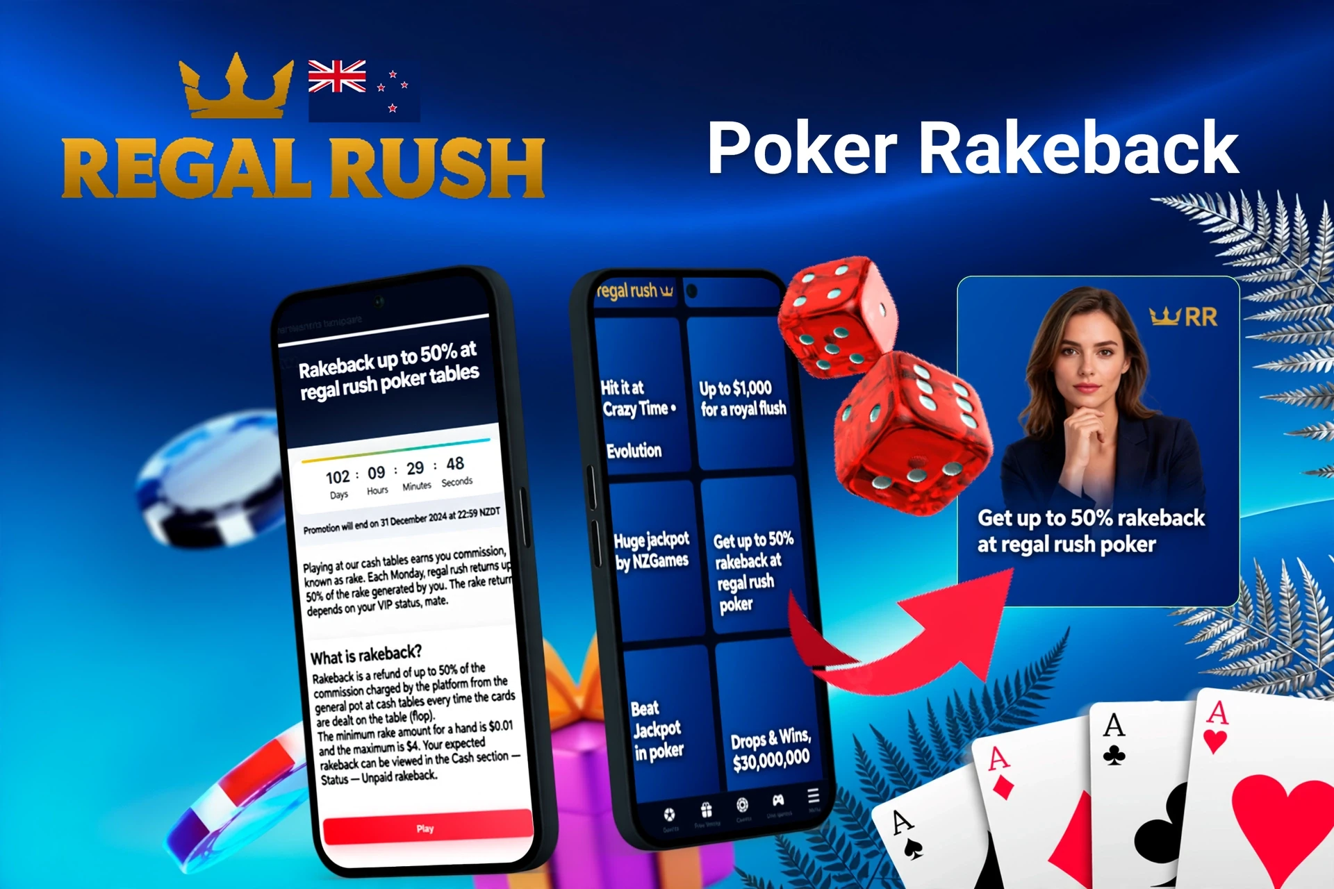 Mobile app with Regal Rush Casino poker rakeback offer up to 50%, red dice, and playing cards