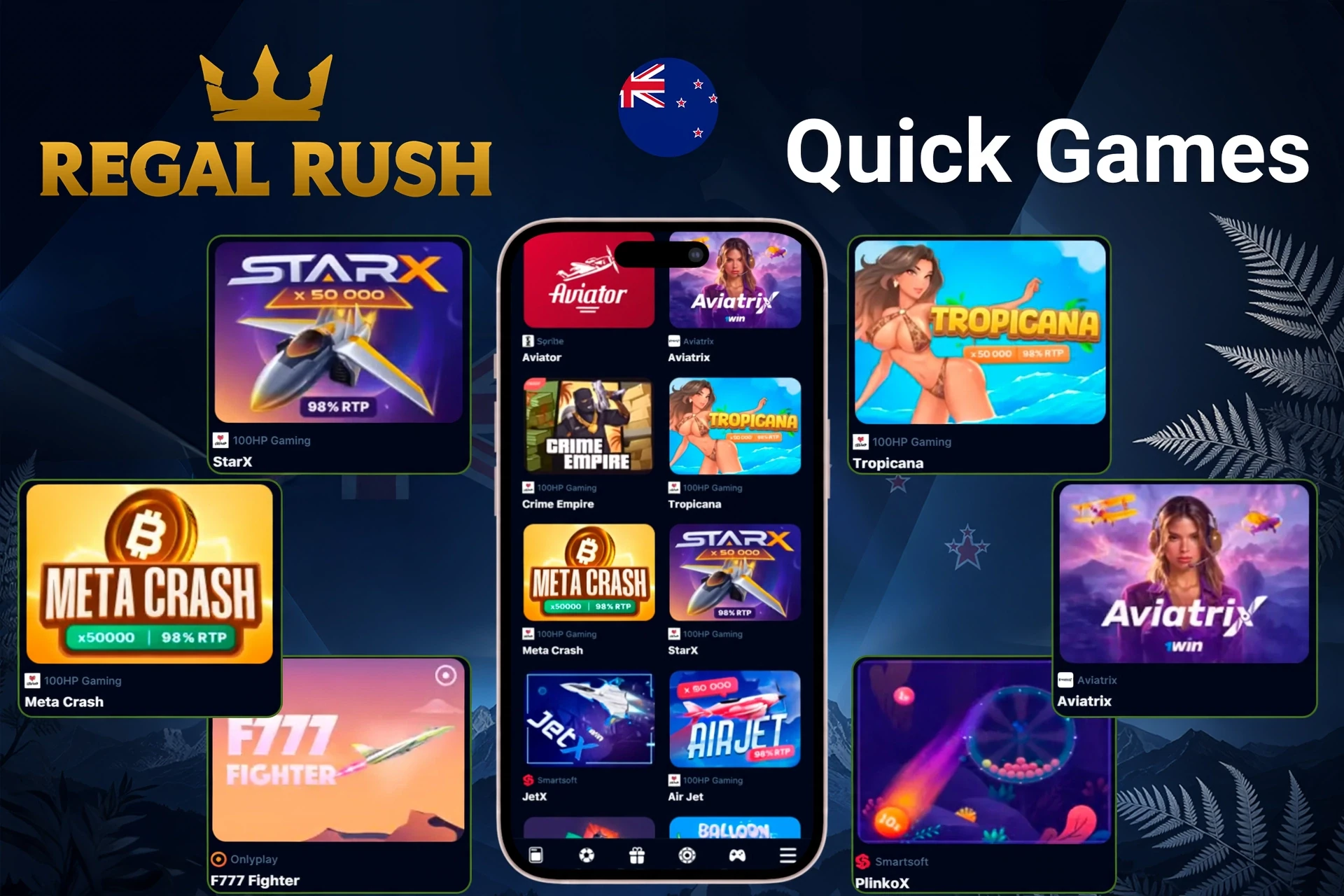 Quick games section highlighting titles like StarX, Tropicana, Meta Crash, and PlinkoX on mobile at Regal Rush Casino