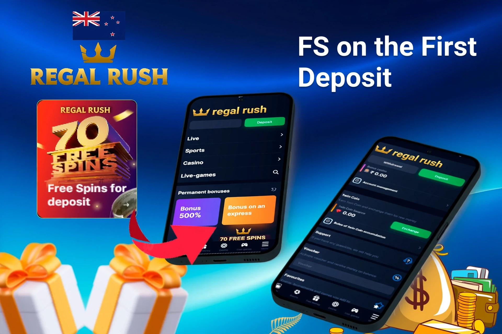 Mobile app showing casino game offers like loyalty program and free spins with poker chips and cards