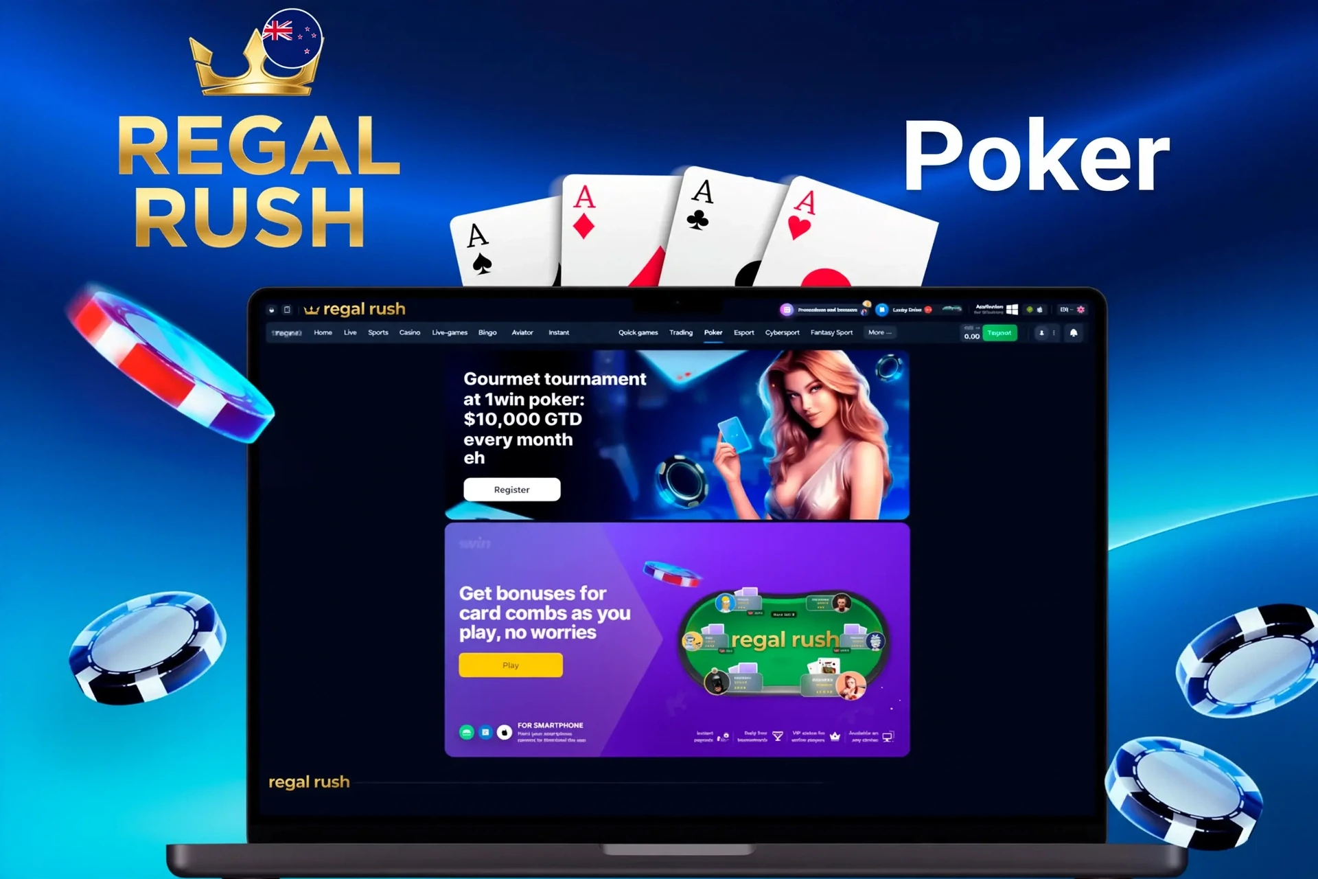 Regal Rush Casino poker promotion featuring a gourmet tournament with NZ$10,000 guaranteed prize and bonuses for card combos
