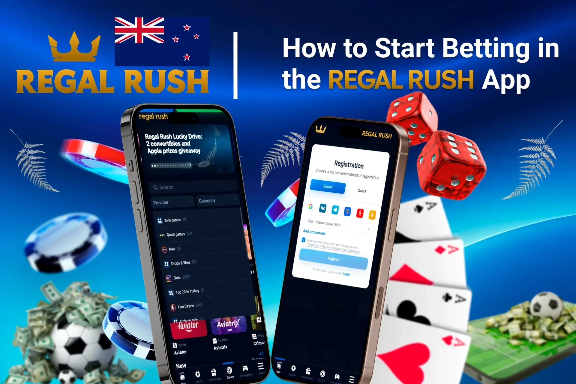Step-by-step guide to starting betting on the app, with registration and game selection shown on mobile screens