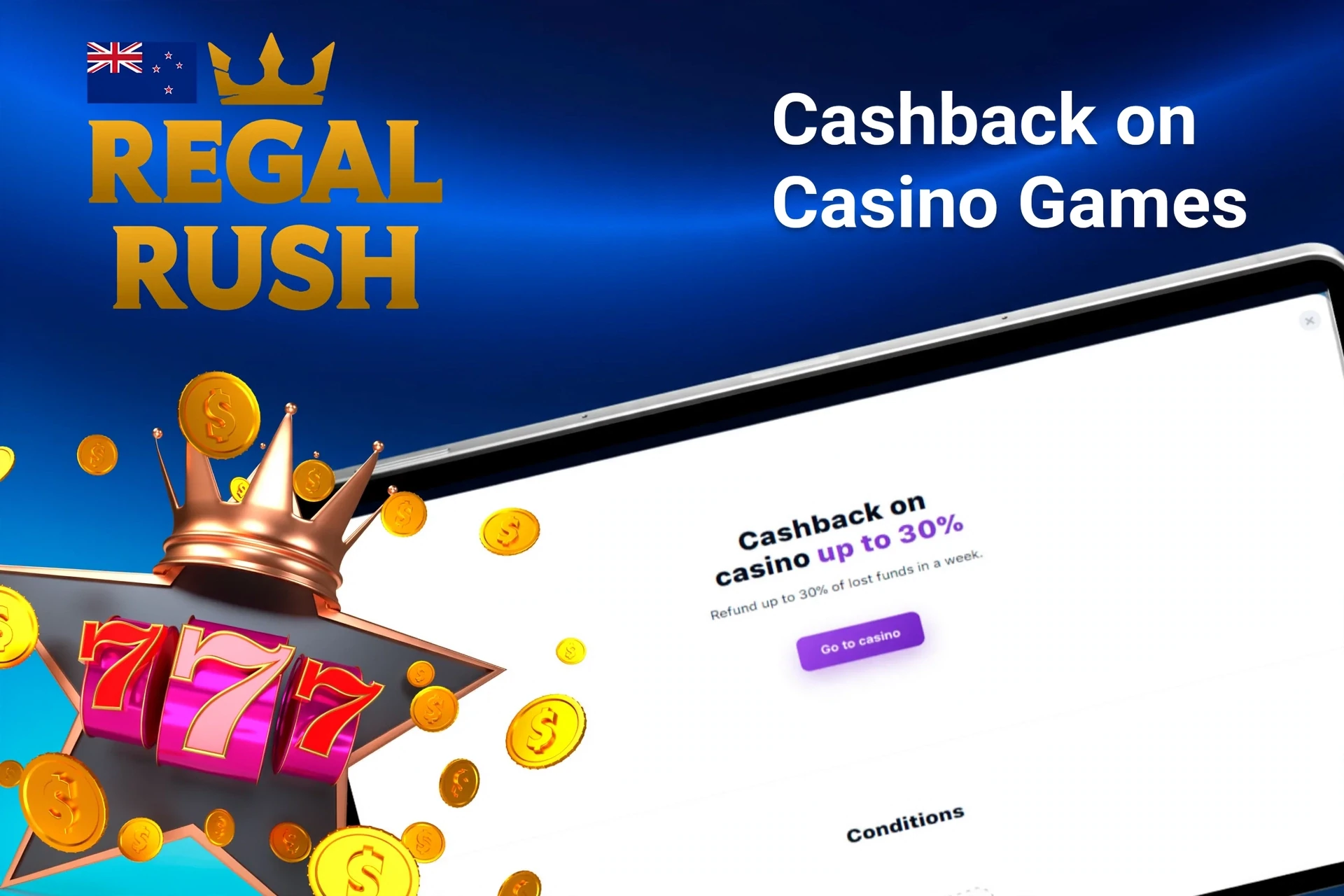 Mobile app with Regal Rush Casino poker rakeback offer up to 50%, red dice, and playing cards