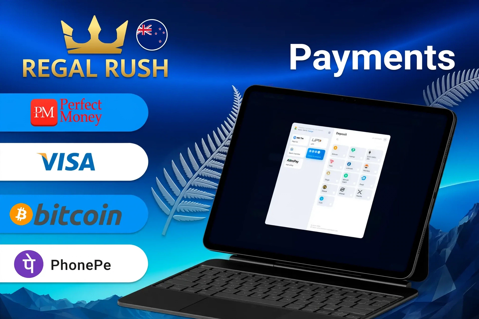 Regal Rush Casino payment methods including Perfect Money, Visa, Bitcoin, and Revolut for quick and secure transactions