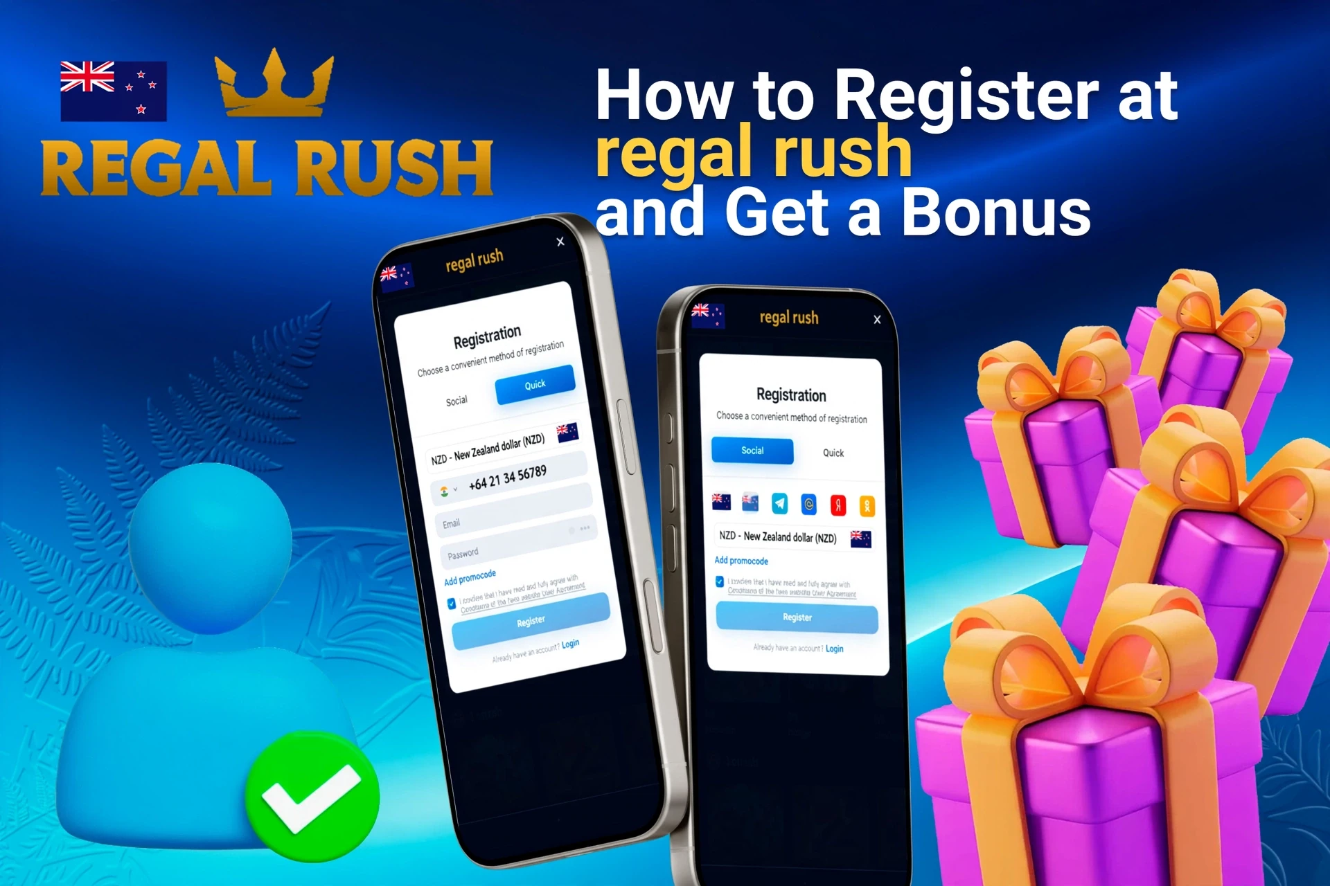 Mobile registration page for Regal Rush Casino showing bonus offers with purple and gold gift boxes