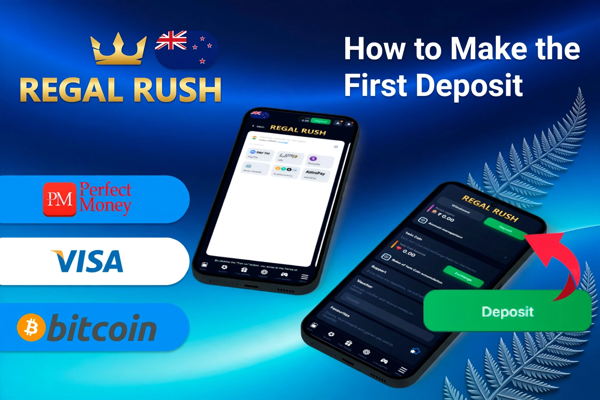 mobile app with deposit options including Perfect Money, Visa, and Bitcoin, along with deposit button