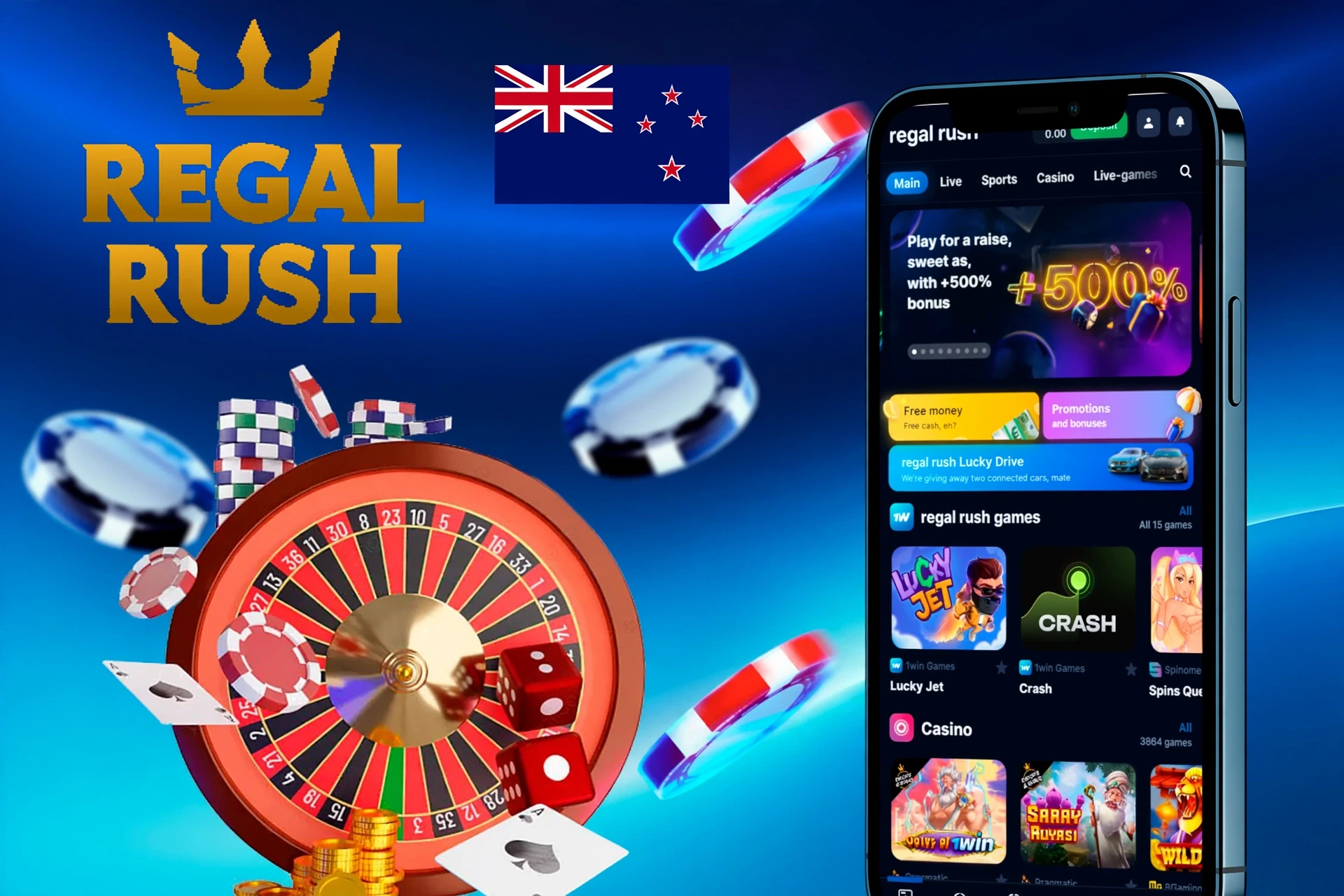Mobile version of the Regal Rush Casino site displayed on smartphones, offering quick access to various gaming features
