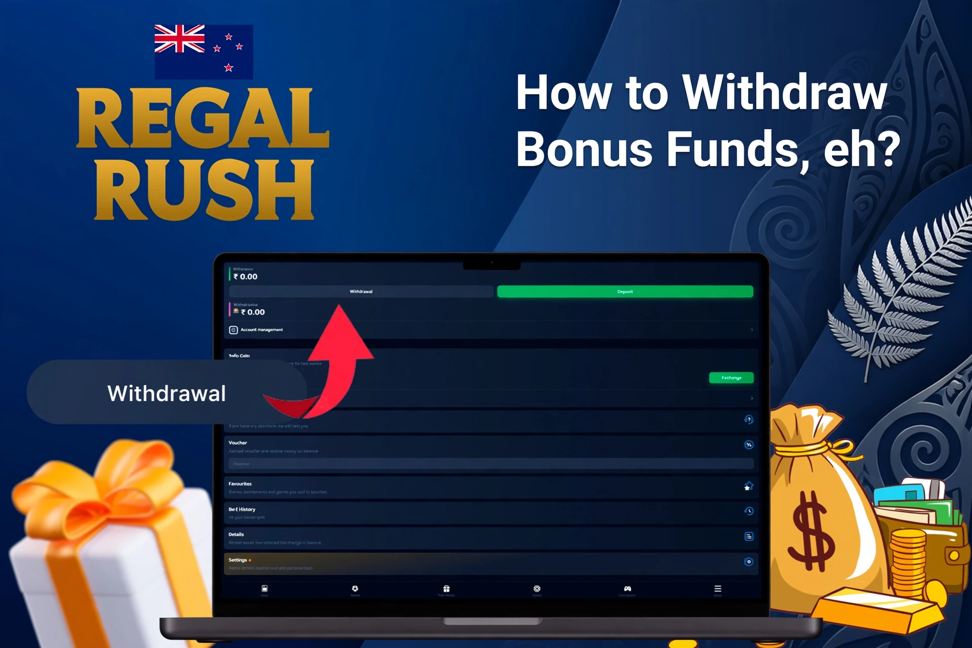 Laptop screen showing Regal Rush Casino withdrawal options with money bags and gift boxes in the background