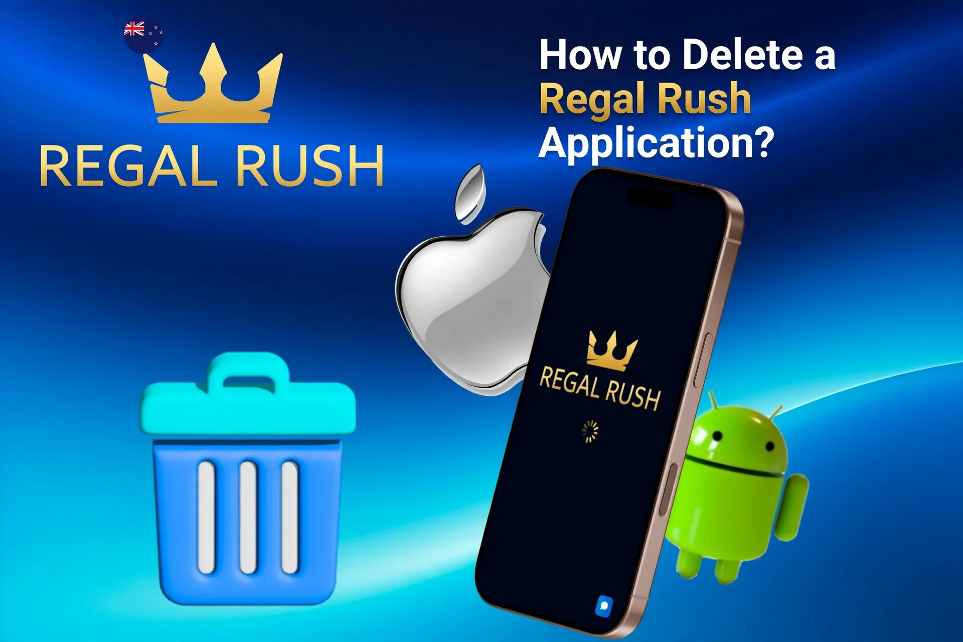 Instructions on how to delete the Regal Rush shortcut or application from iOS and Android devices, shown with app icons