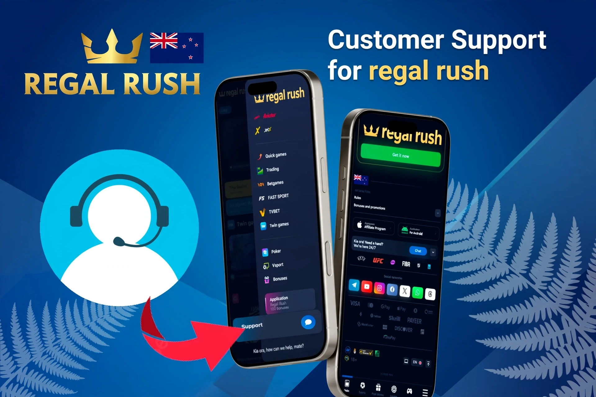 Customer support feature for the Regal Rush platform, highlighting options for contacting support through the site