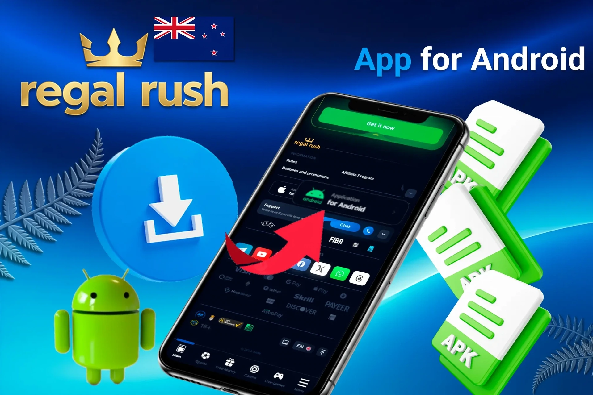App for Android download process with APK file icons and Android mascot