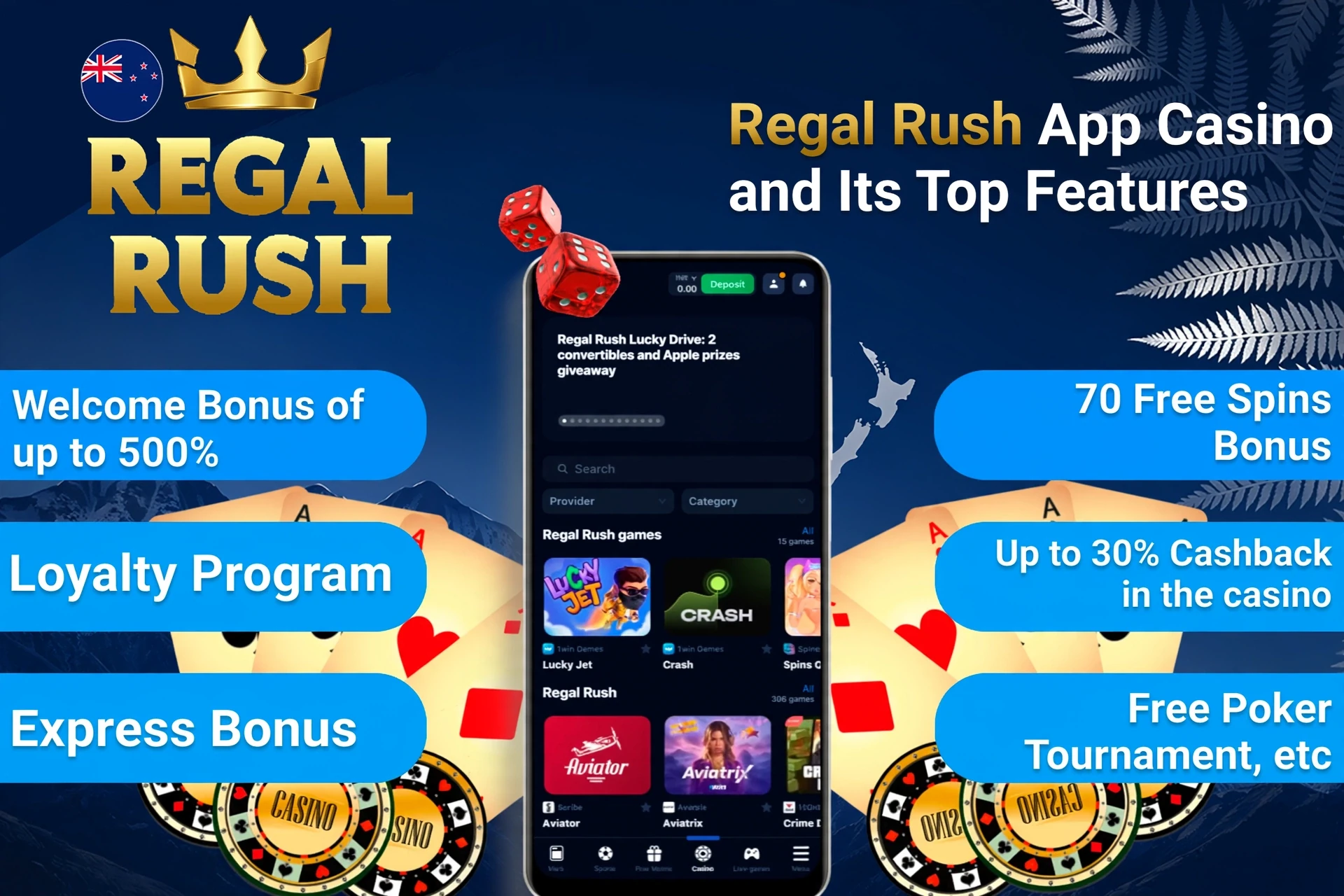 Regal Rush Casino app-like interface showing top features including welcome bonus, loyalty program, and express bonus on mobile