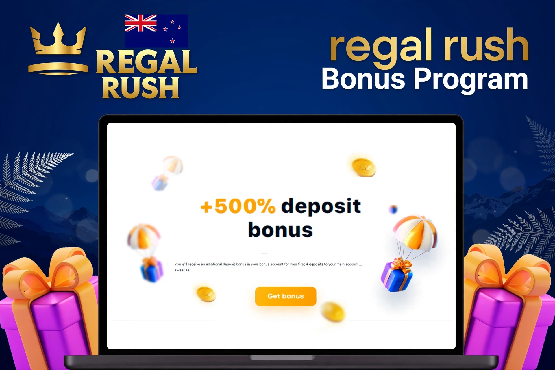 Laptop showing welcome bonus offer with floating coins and gifts