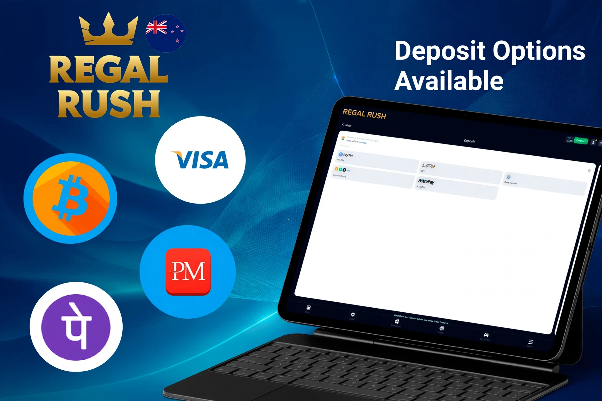 Deposit options available on Regal Rush Casino platform, including Bitcoin, Visa, Revolut, and Skrill, displayed on a tablet
