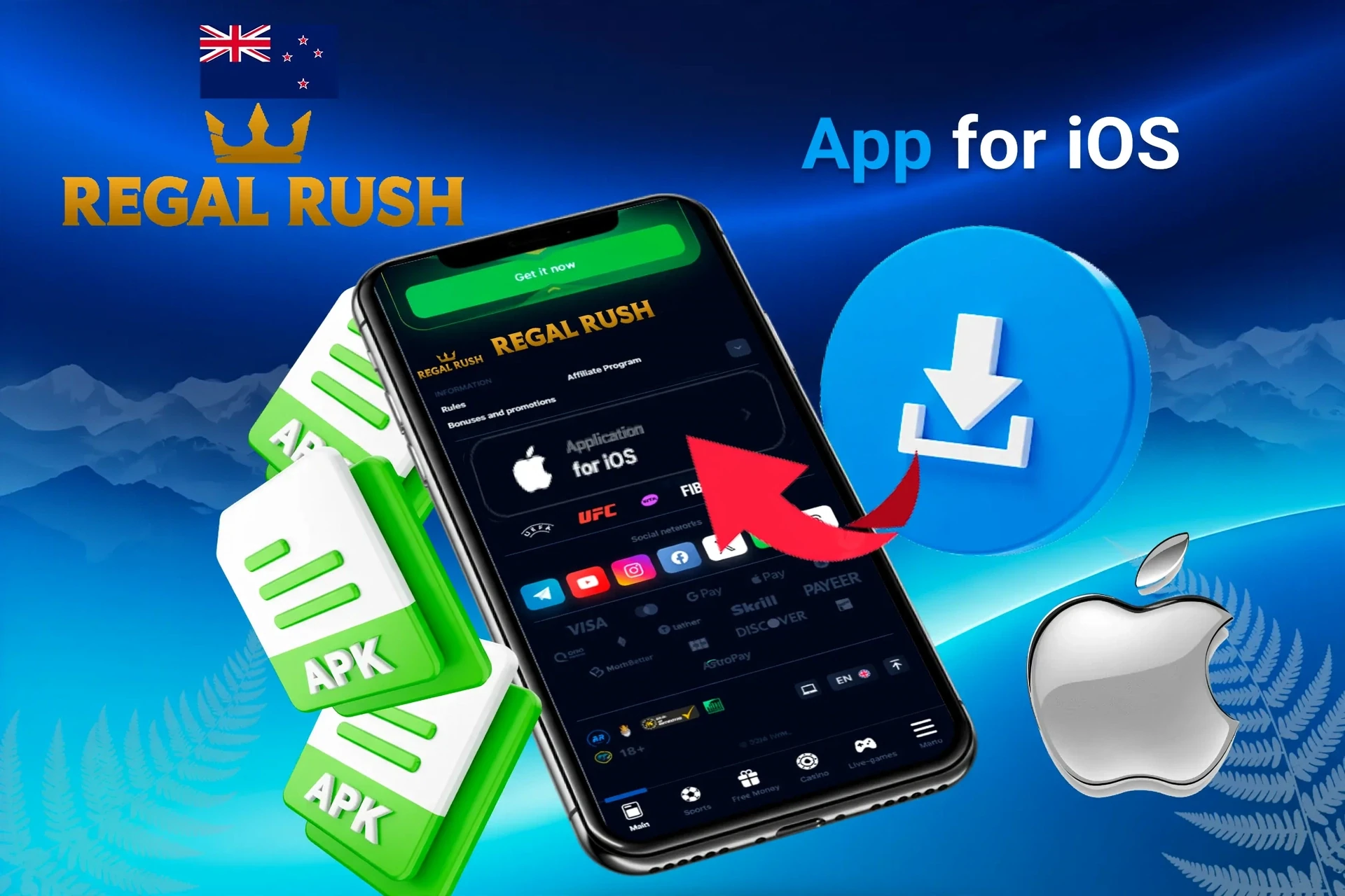 iOS app download screen with APK file icons and Apple logo
