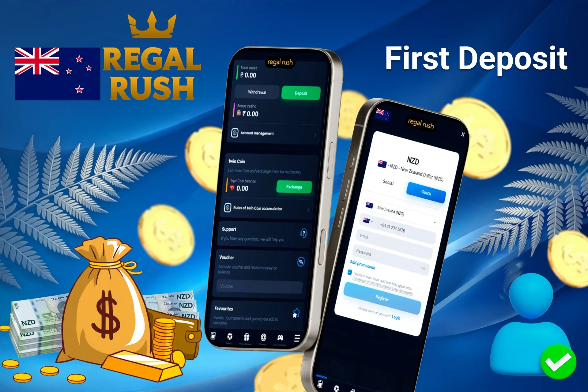 mobile interface showing steps to make the first deposit, with icons for payment options and bonus registration at Regal Rush Casino