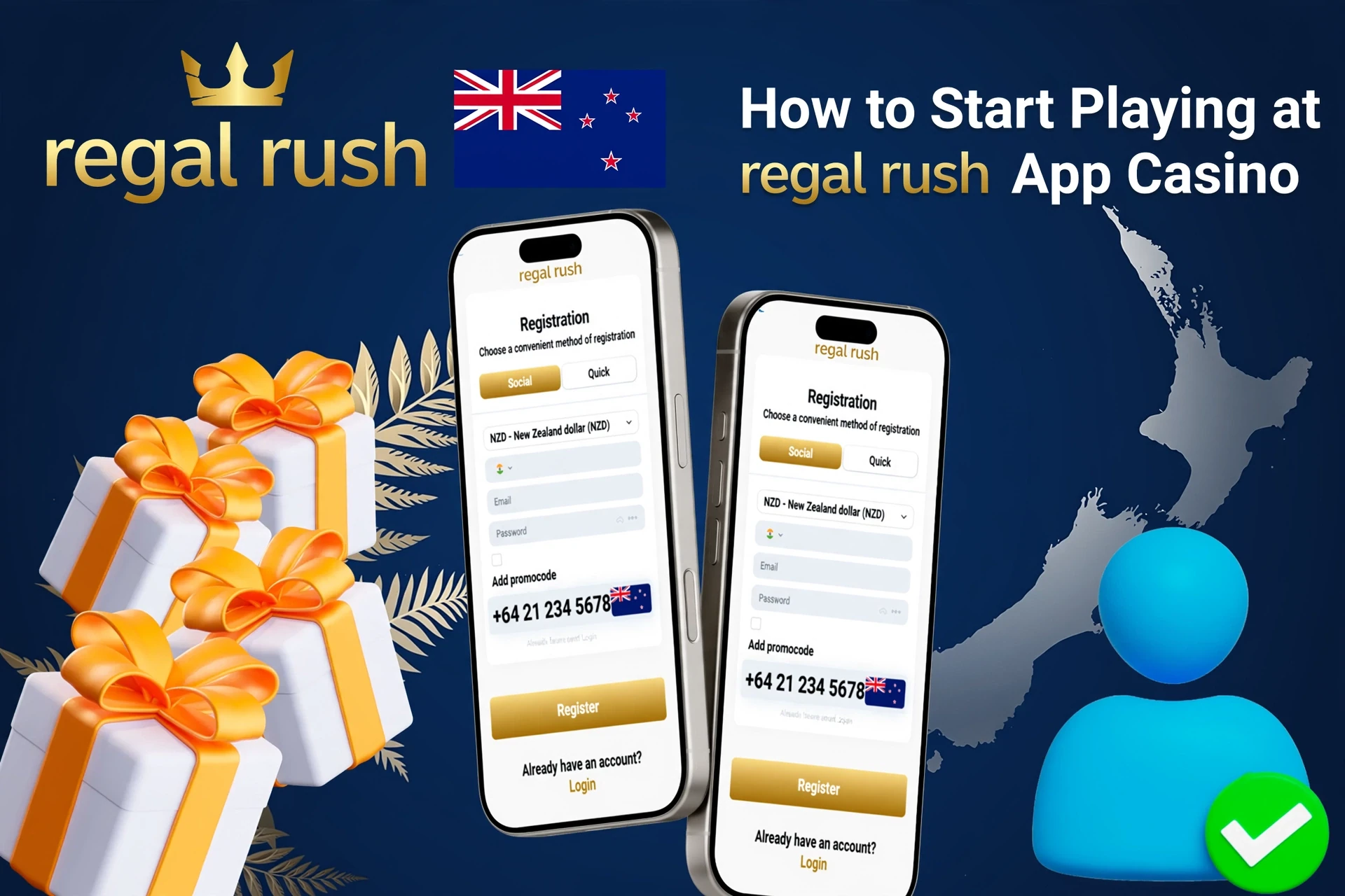 Regal Rush Casino registration screen on mobile with easy-to-follow steps and gift box icons
