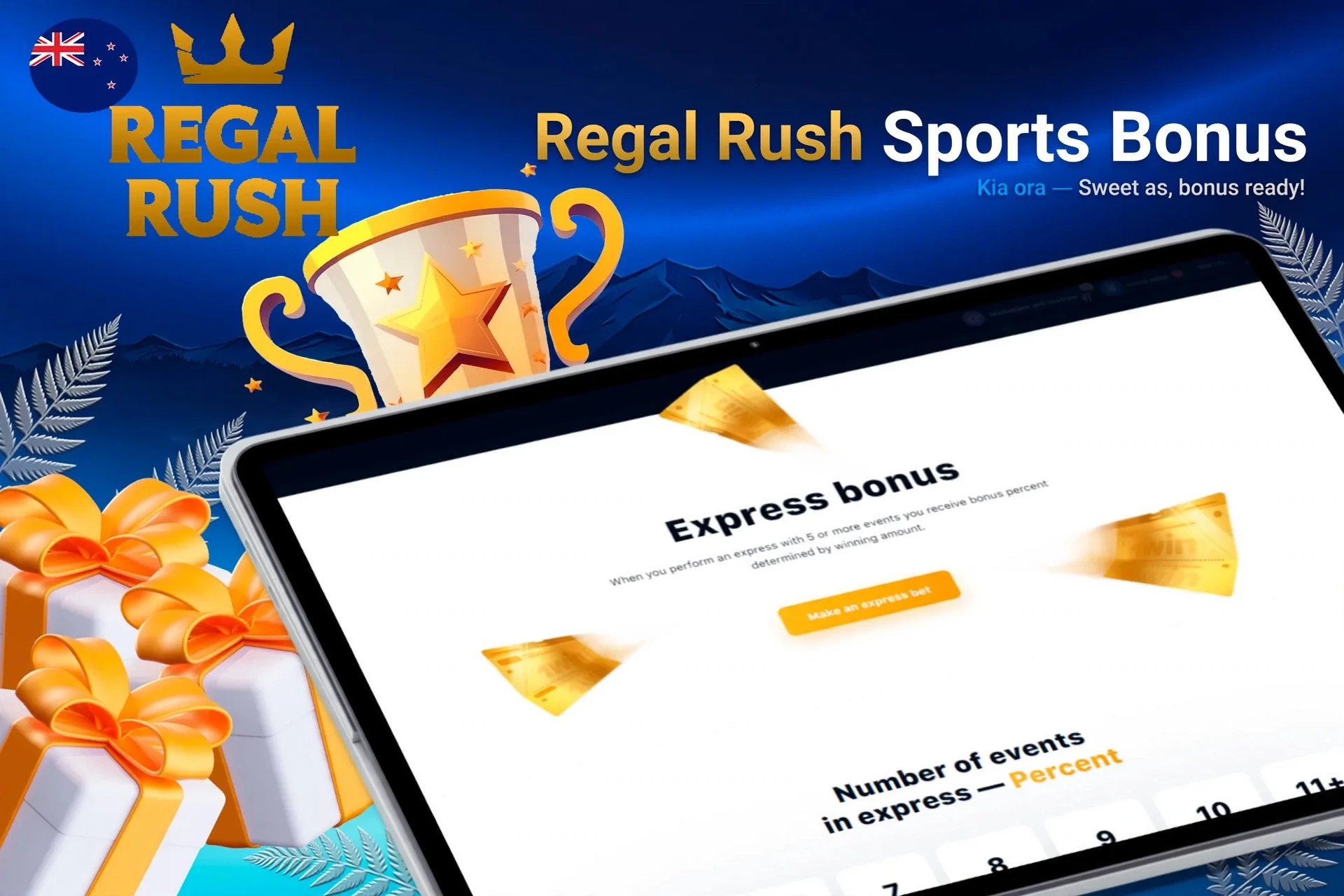Tablet screen with express bonus offer for sports betting from Regal Rush Casino, with trophy and gift boxes.