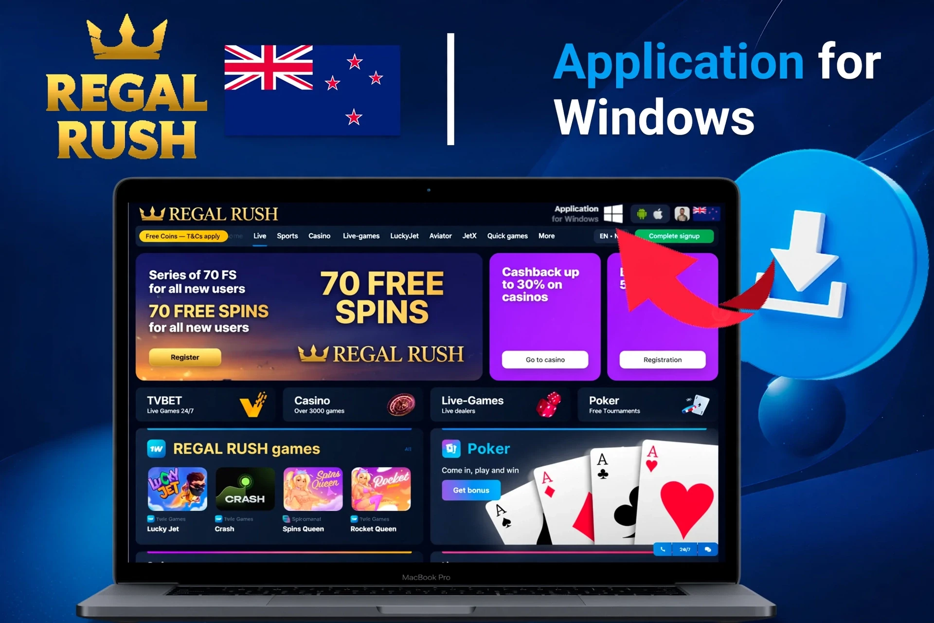 Application for Windows with download instructions and 70 free spins promotion