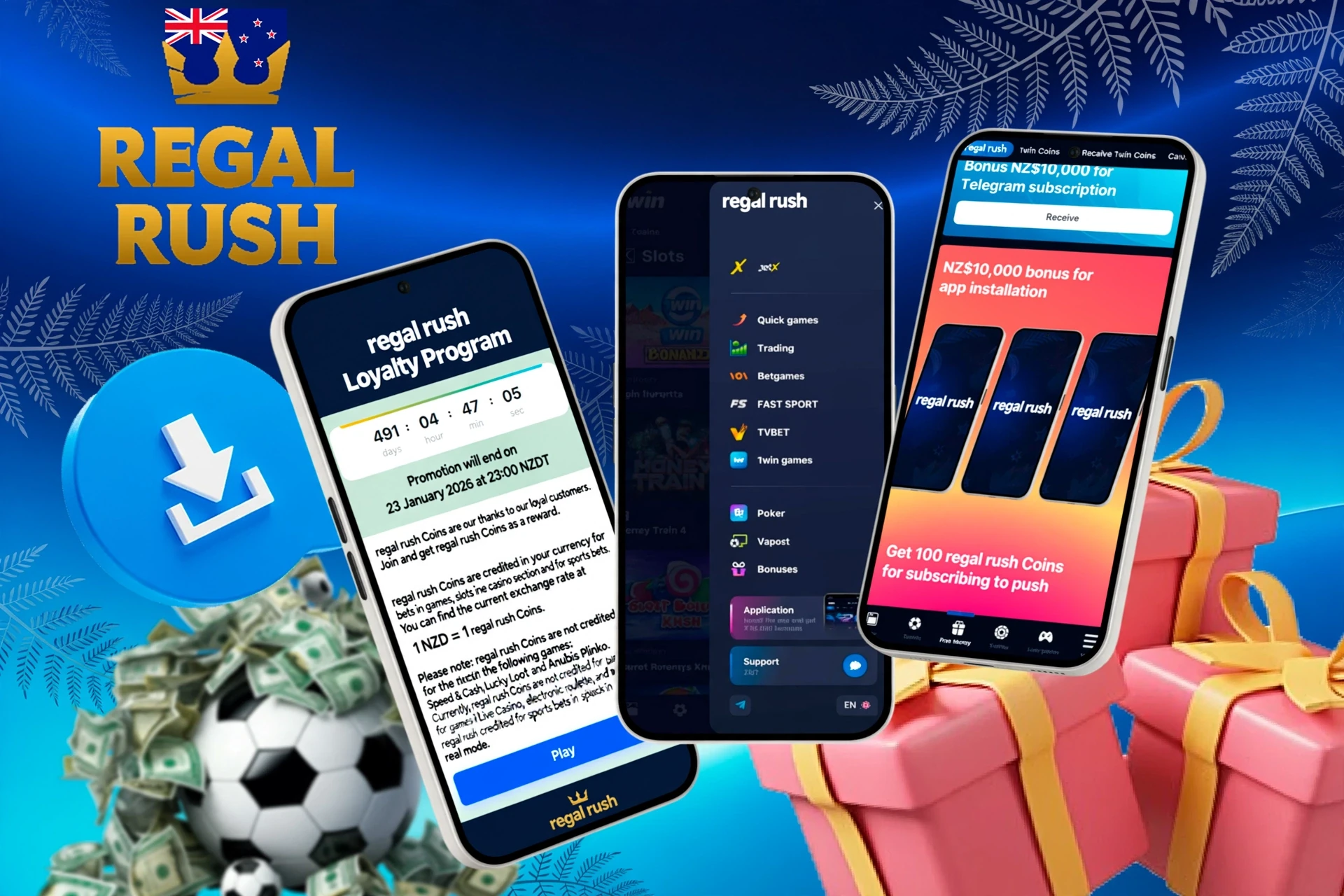 Mobile screens showing loyalty program, app-related bonus, and football icon with download button