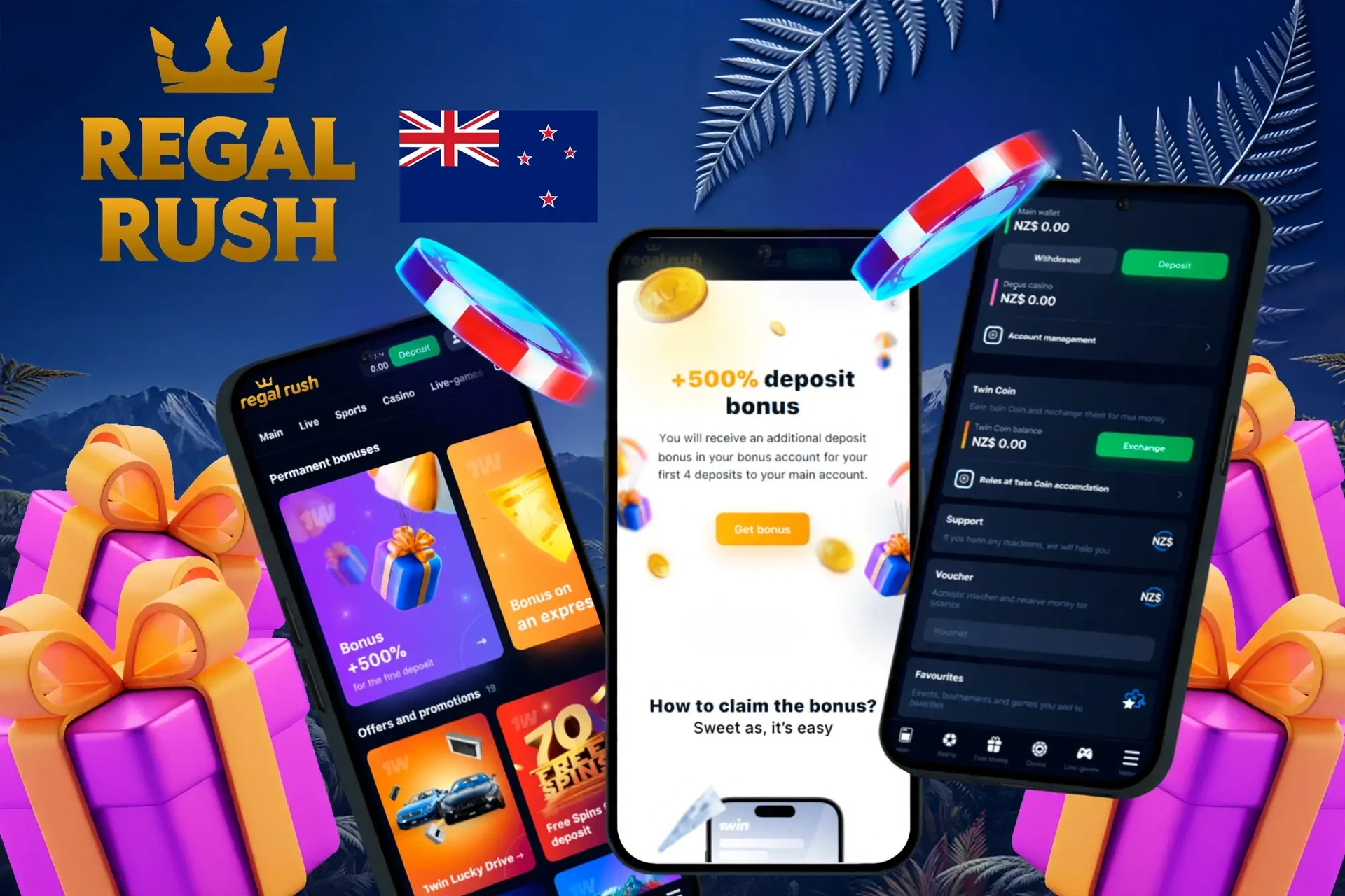 app showing instructions to claim a 100% up to NZ$1,000 bonus and 200 free spins on mobile with colorful gaming elements