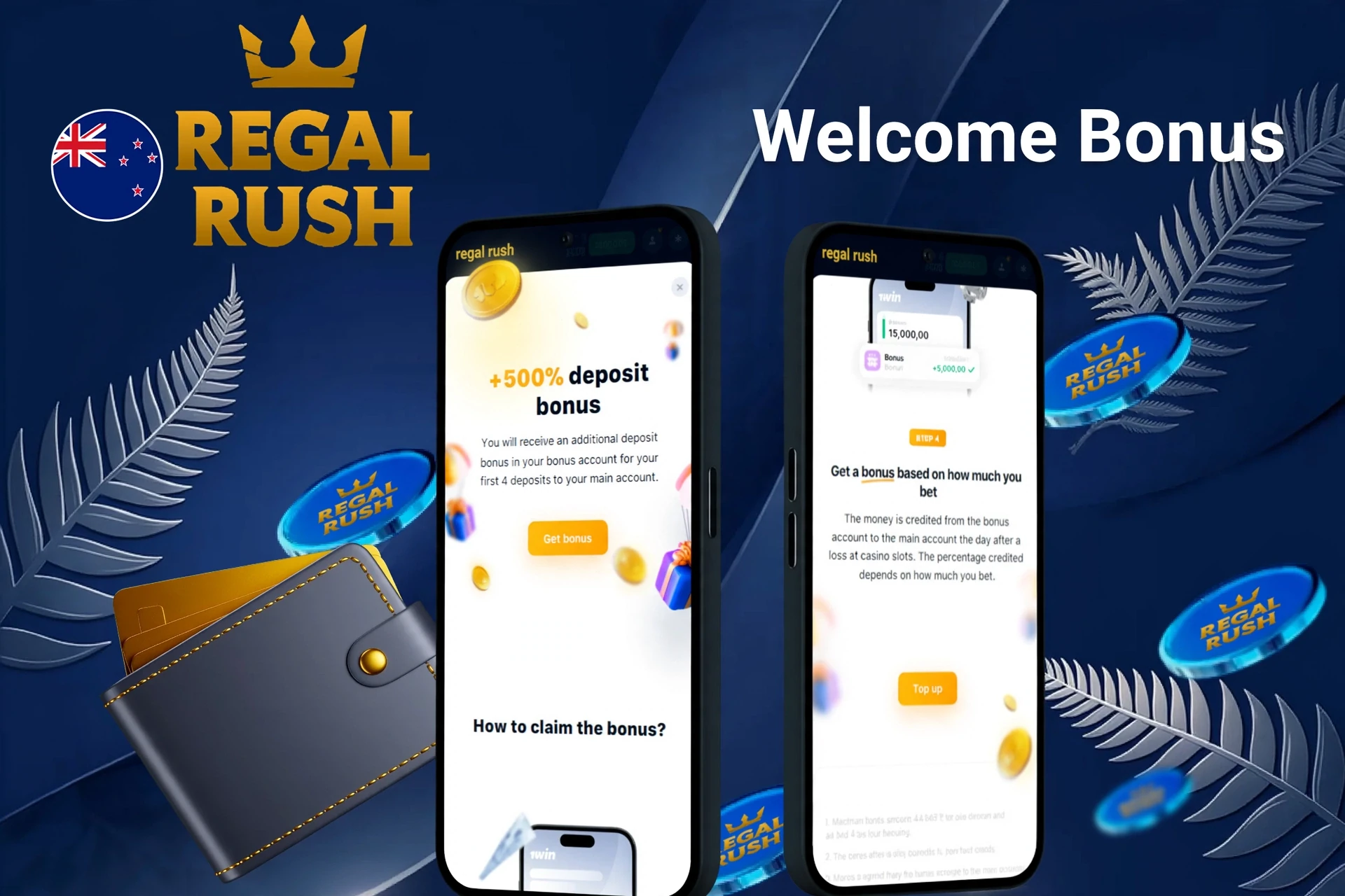 Regal Rush Casino welcome bonus screen with +100% up to NZ$1,000 and 200 Free Spins on Sweet Rush Bonanza displayed on two mobile screens