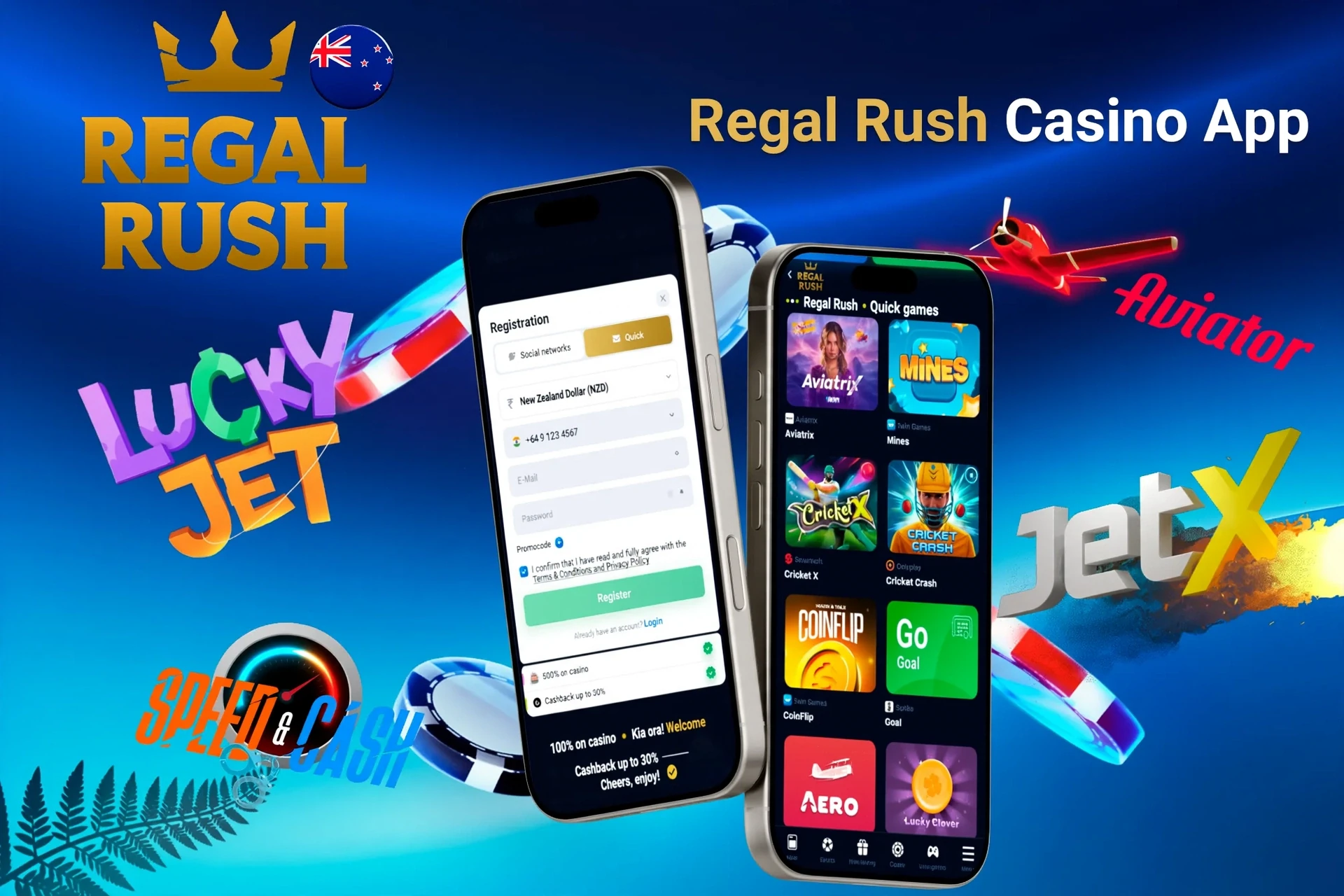 Regal Rush Casino app registration screen with quick games like Aviatrix and JetX