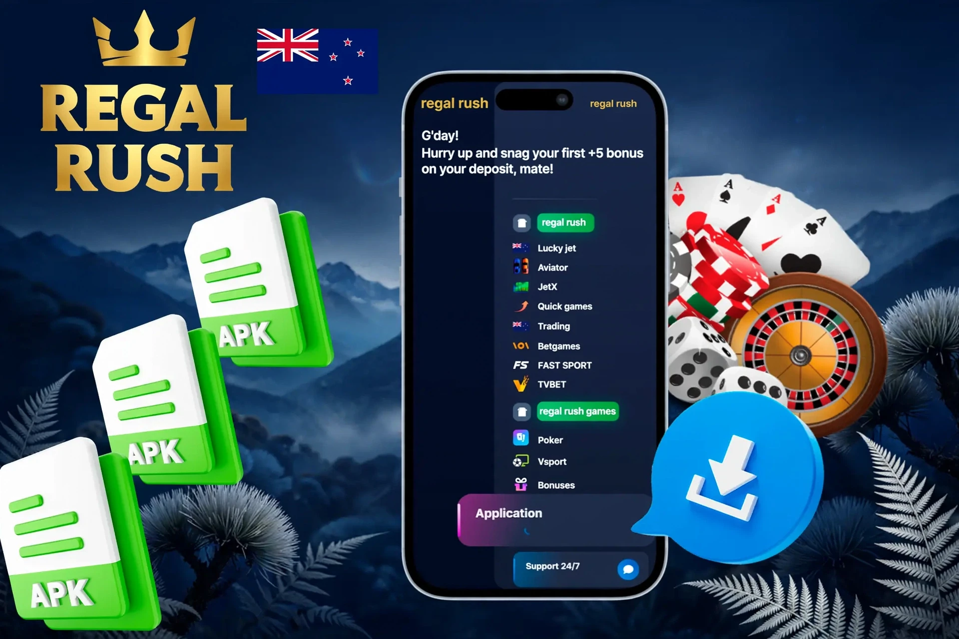 Regal Rush Casino mobile access with browser icons and casino chips illustrating playing on mobile