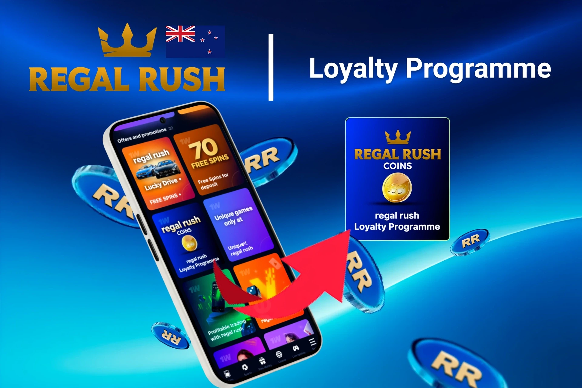Mobile app showing Regal Rush loyalty program and offers like free spins and Lucky Drive.