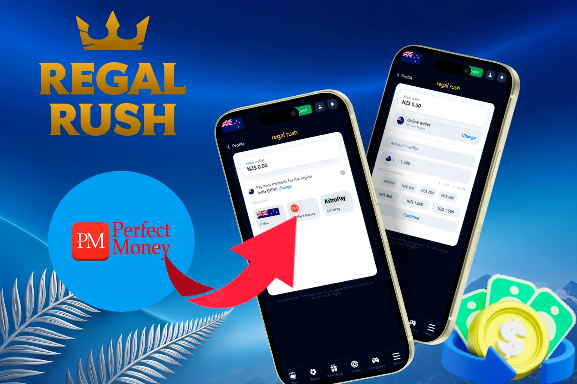 withdrawal options, featuring Perfect Money, AstroPay, and other wallet services, shown on a mobile interface