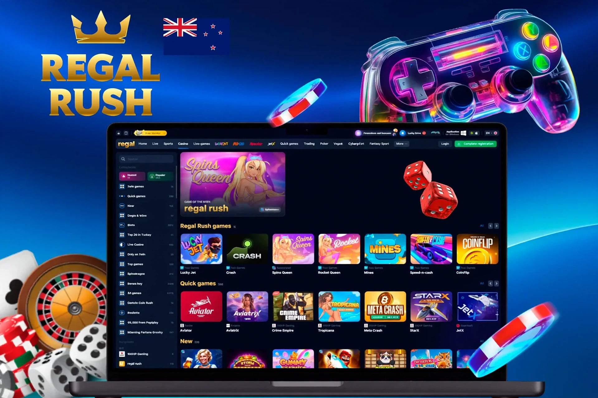 app interface showing a variety of games like slots, live casino and crash games with a vibrant game controller icon