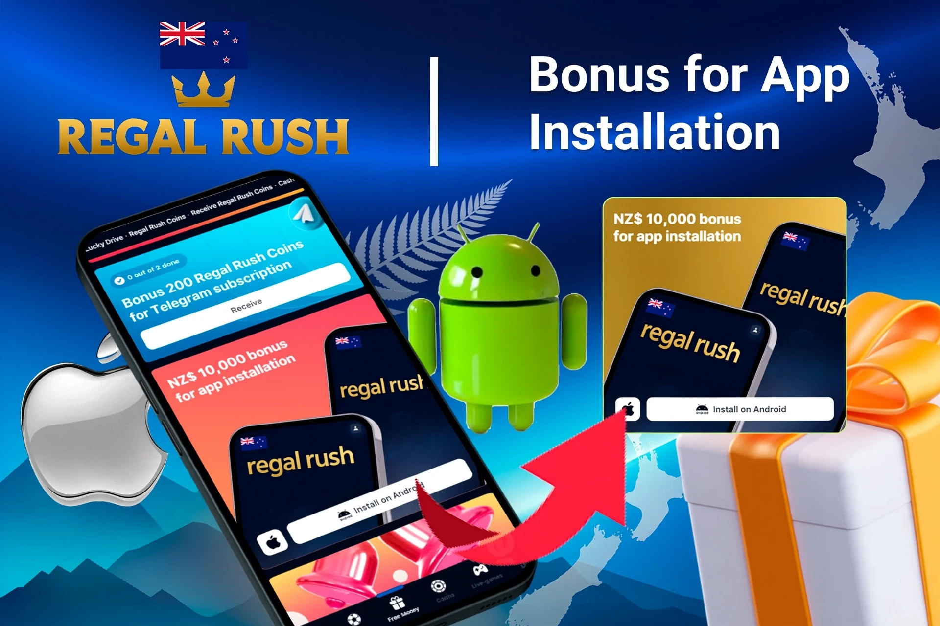 Regal Rush Casino bonus offer for app installation on mobile with Android and Apple logos, and gift boxes