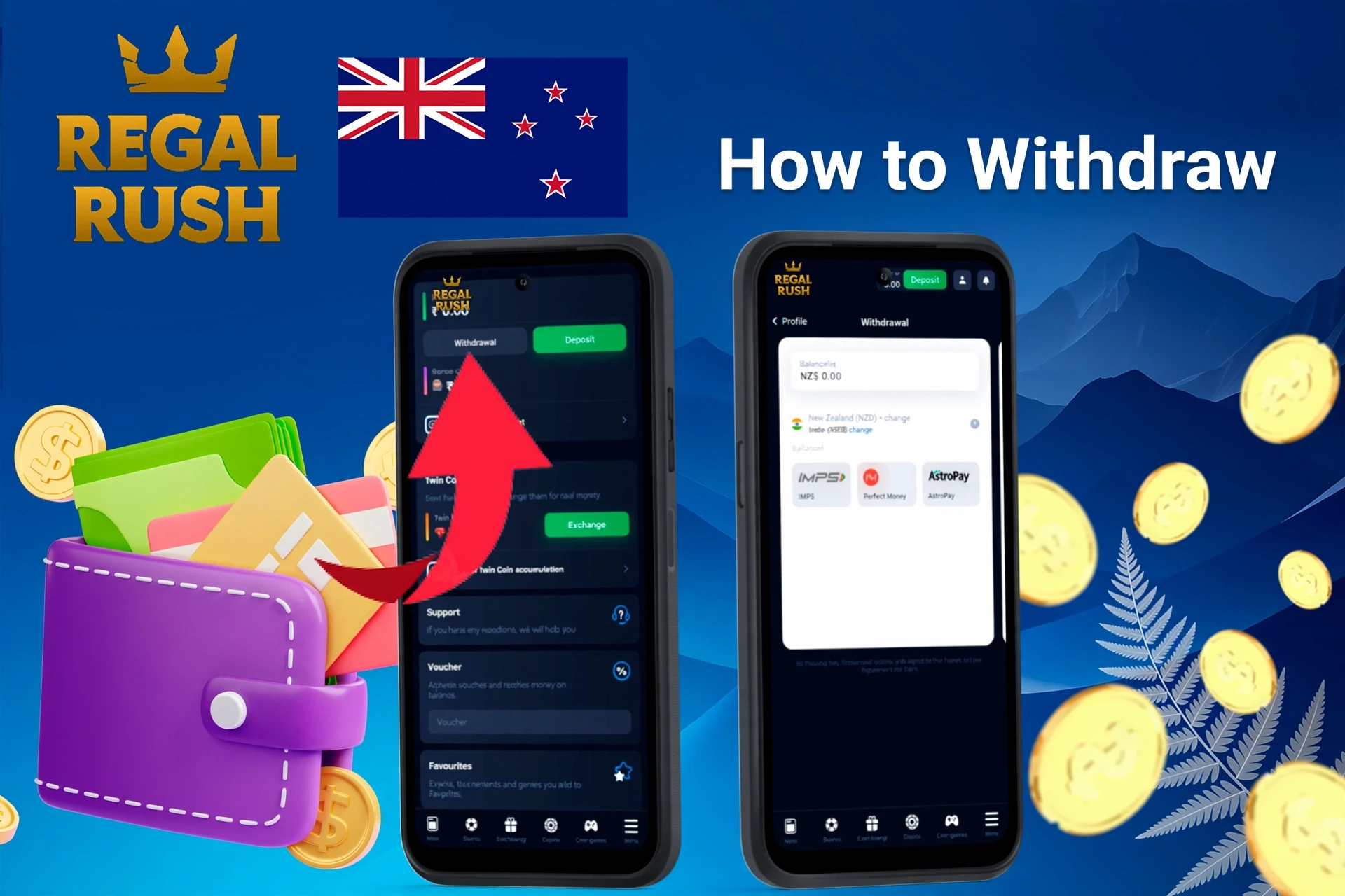 mobile interface showing withdrawal process with an arrow pointing to withdrawal options and available wallet balance