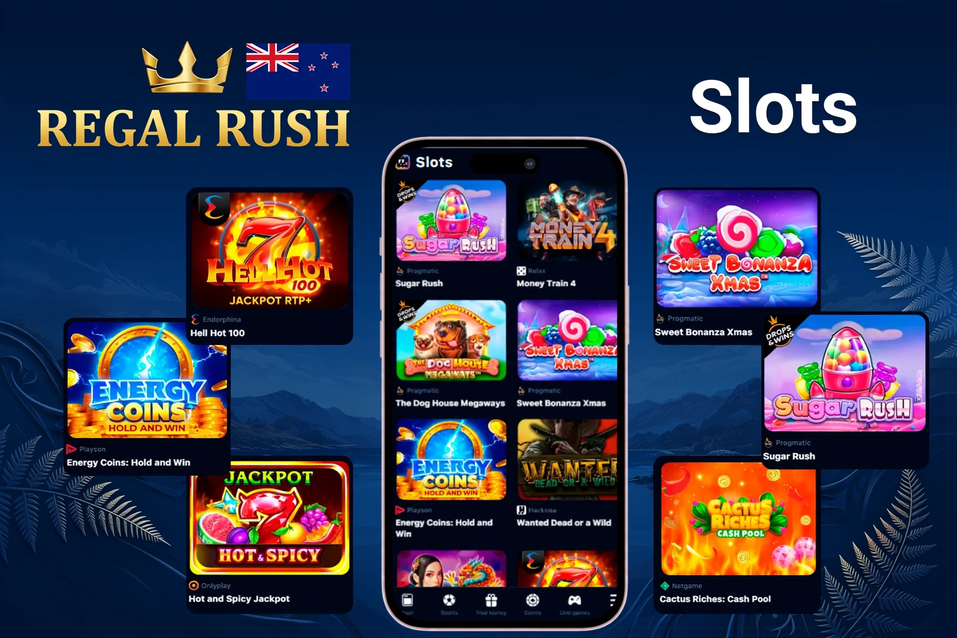 Slot games showcasing popular titles like Sugar Rush, Energy Coins, and Hell Hot 100 on mobile and desktop at Regal Rush Casino