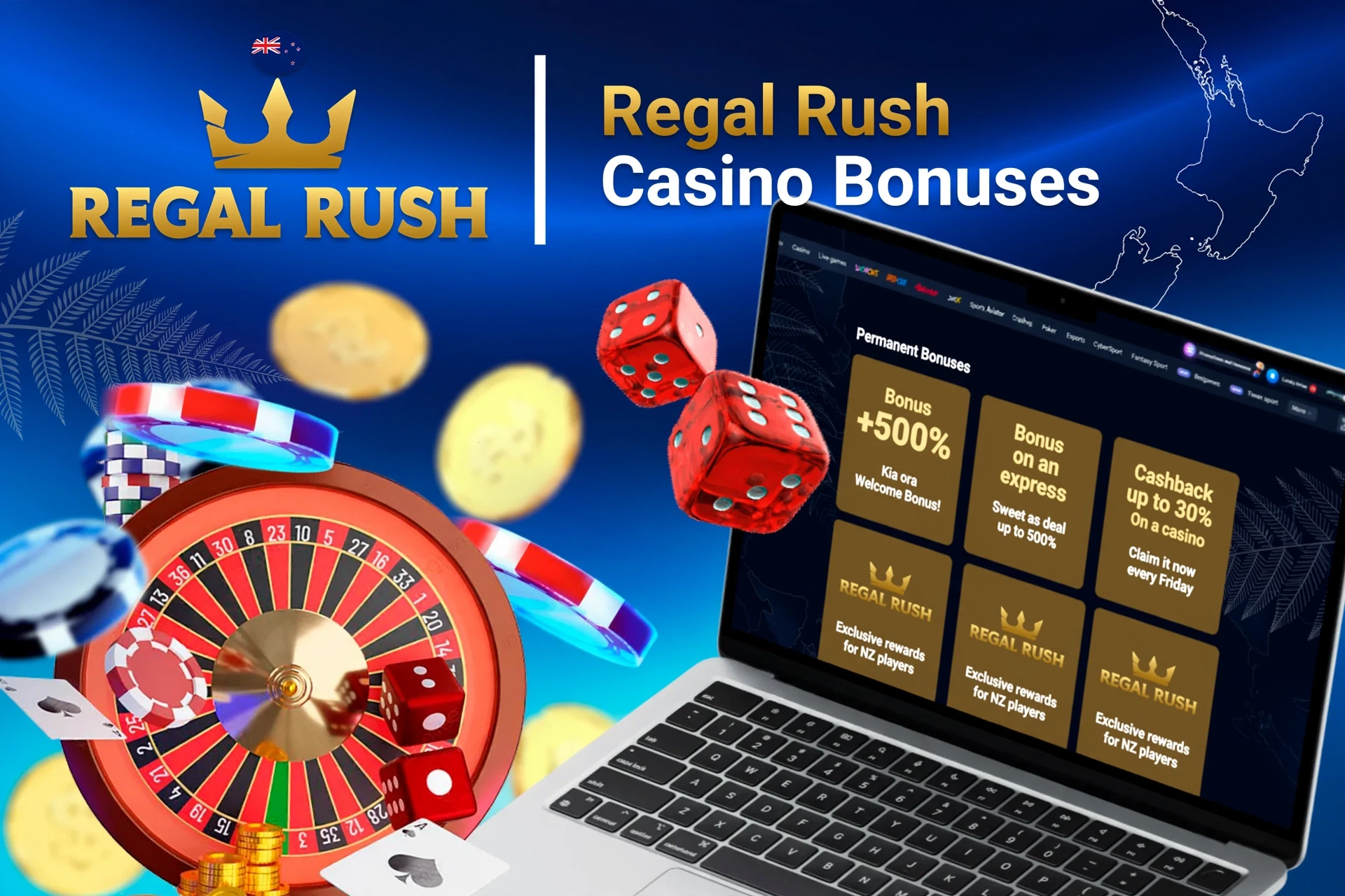 Laptop screen showing various Regal Rush Casino bonuses with roulette, dice, and poker chips
