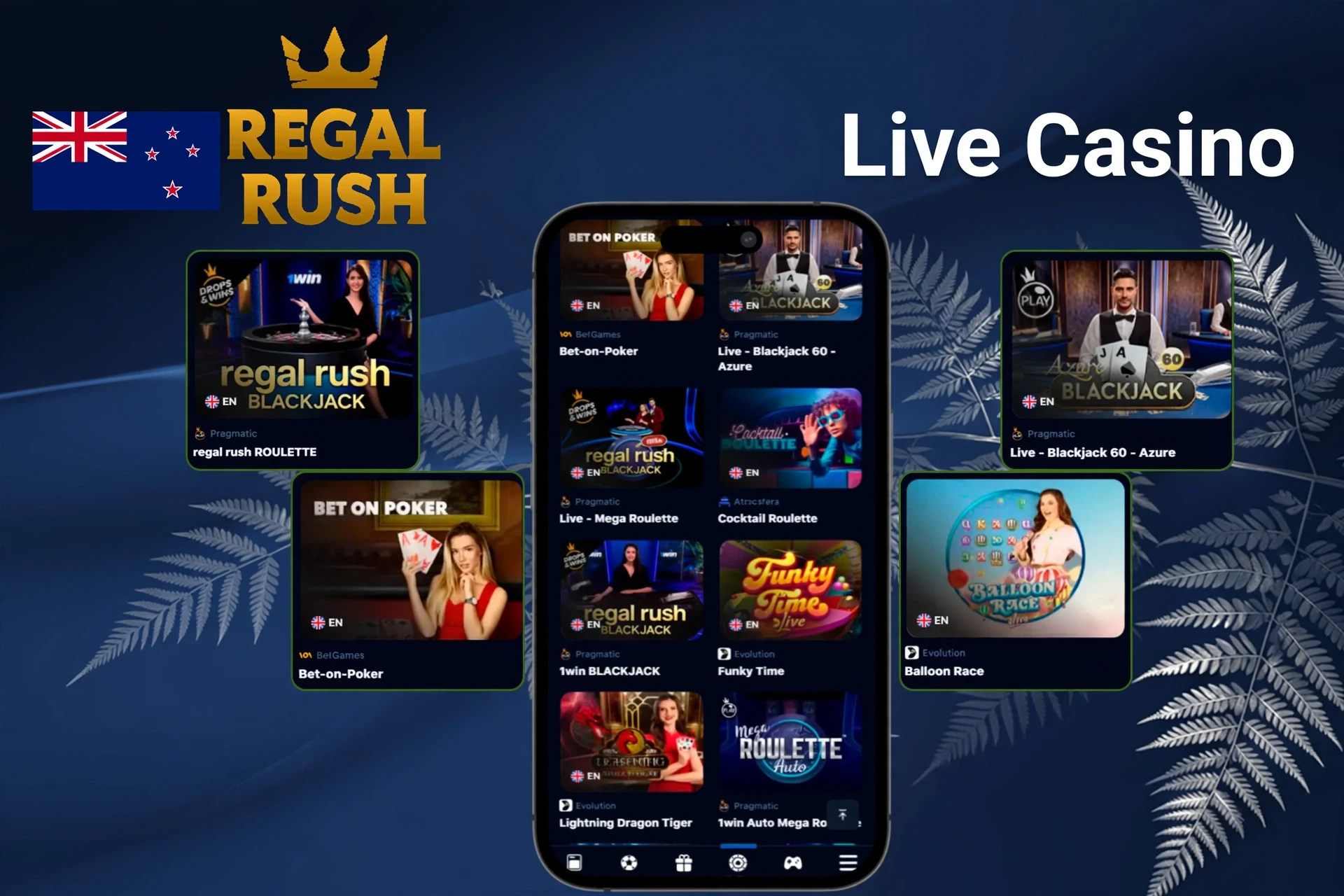 Live dealer games such as Lightning Roulette, Crazy Time, and Andar Bahar shown on mobile and desktop at Regal Rush Casino