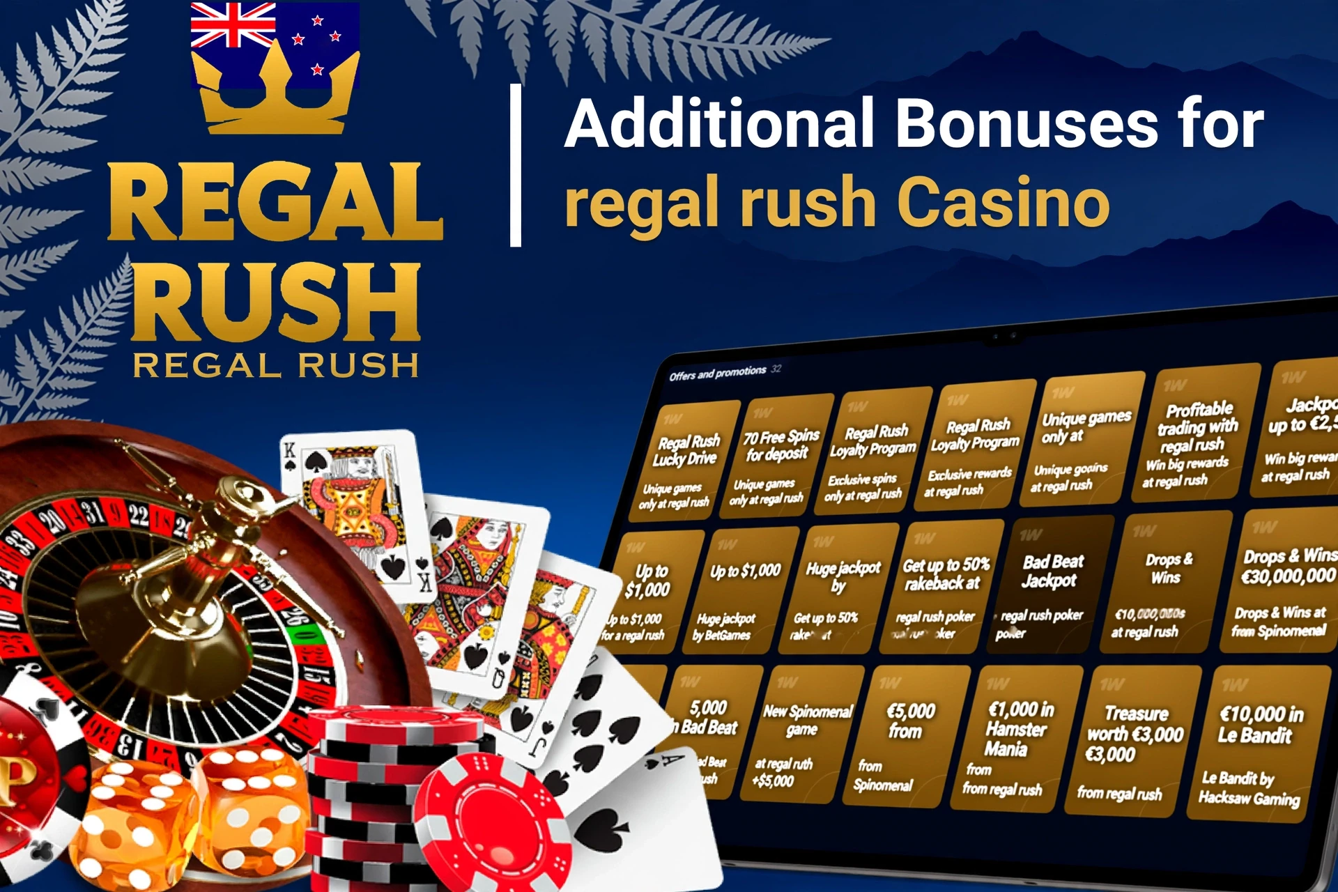 Mobile app showing casino game offers like loyalty program and free spins with poker chips and cards