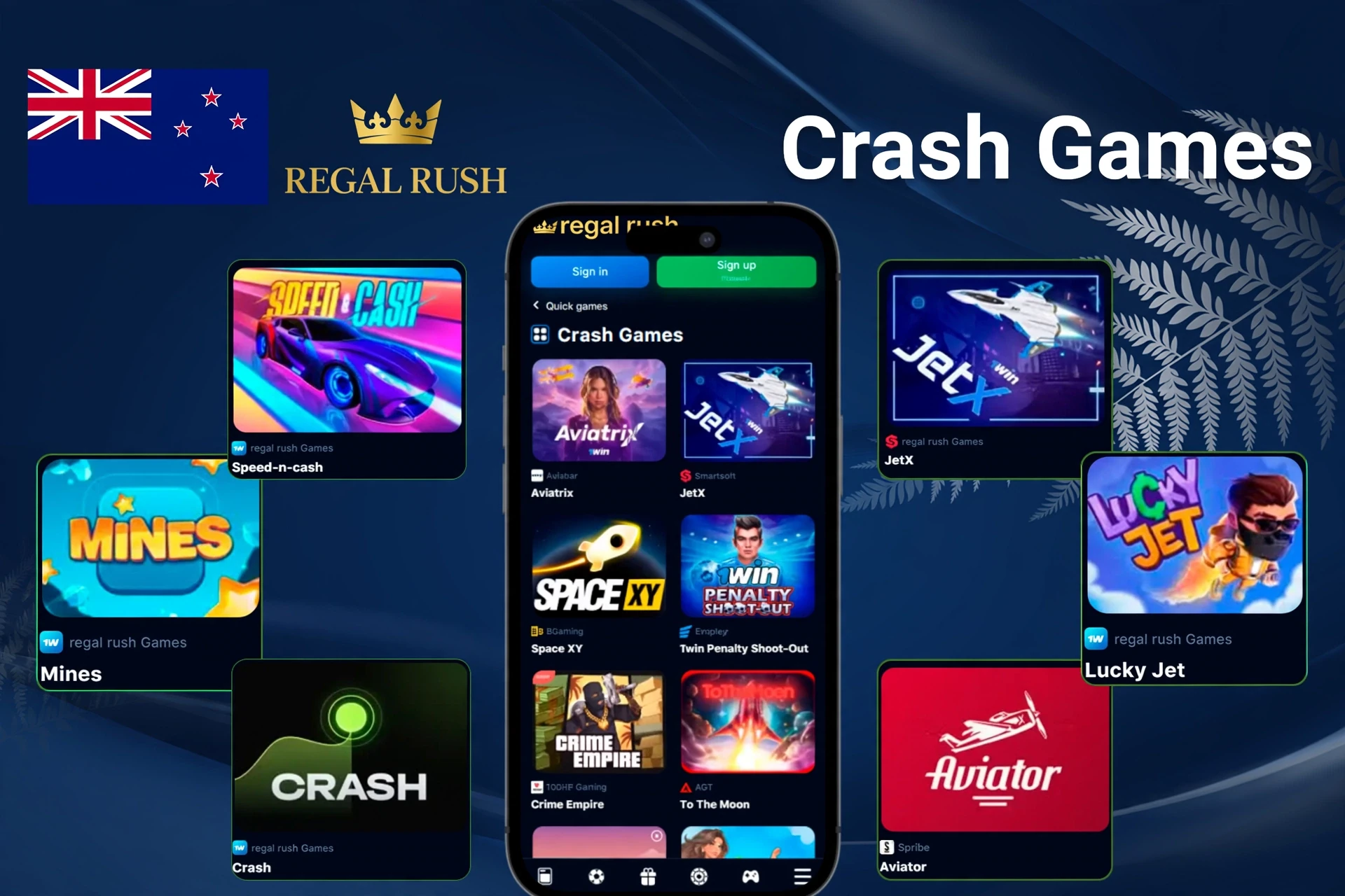 Crash games such as Mines, Speed-n-Cash, JetX, and Lucky Jet displayed on the mobile site of Regal Rush Casino