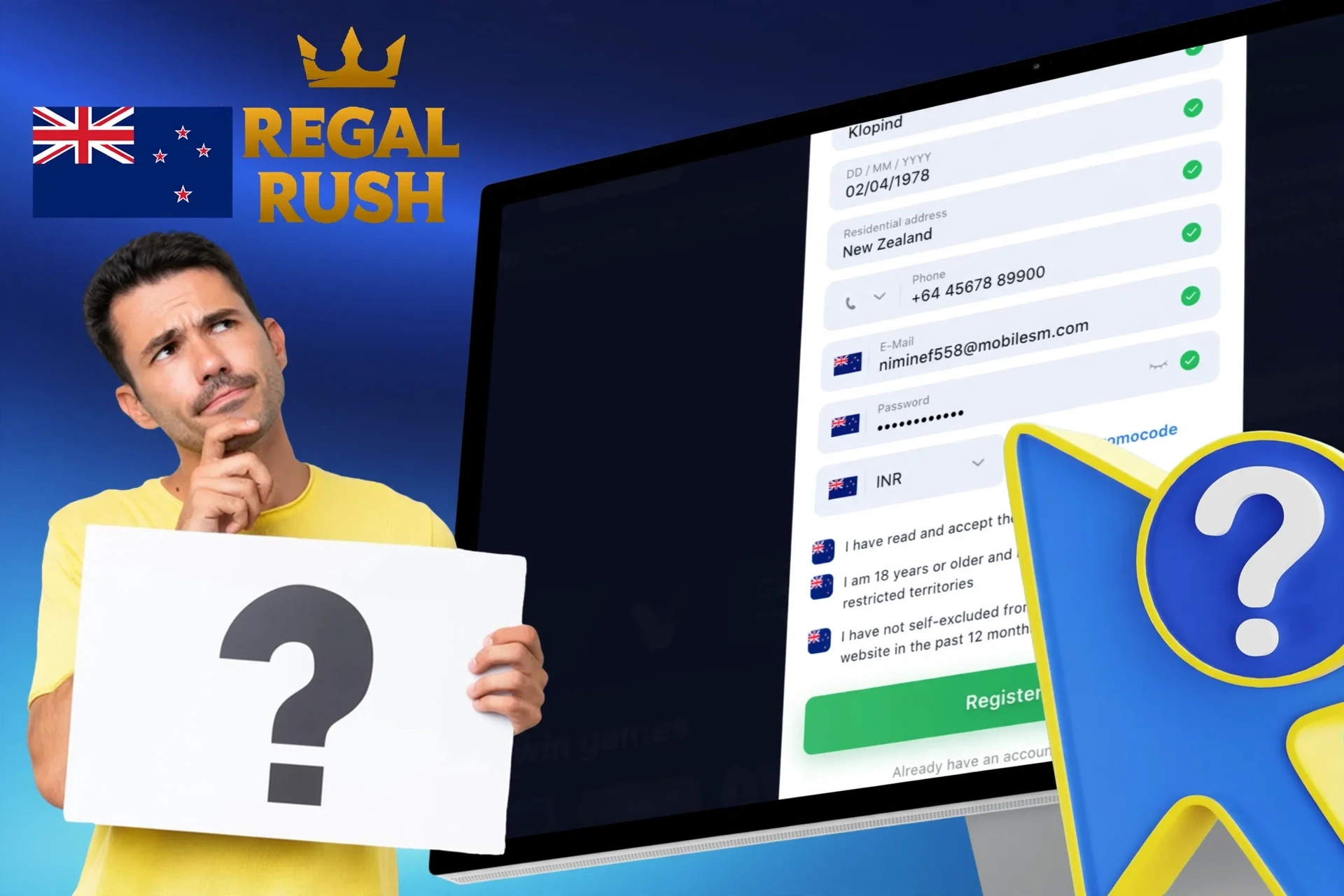 Step-by-step description of the registration process on the Regal Rush Casino website or app