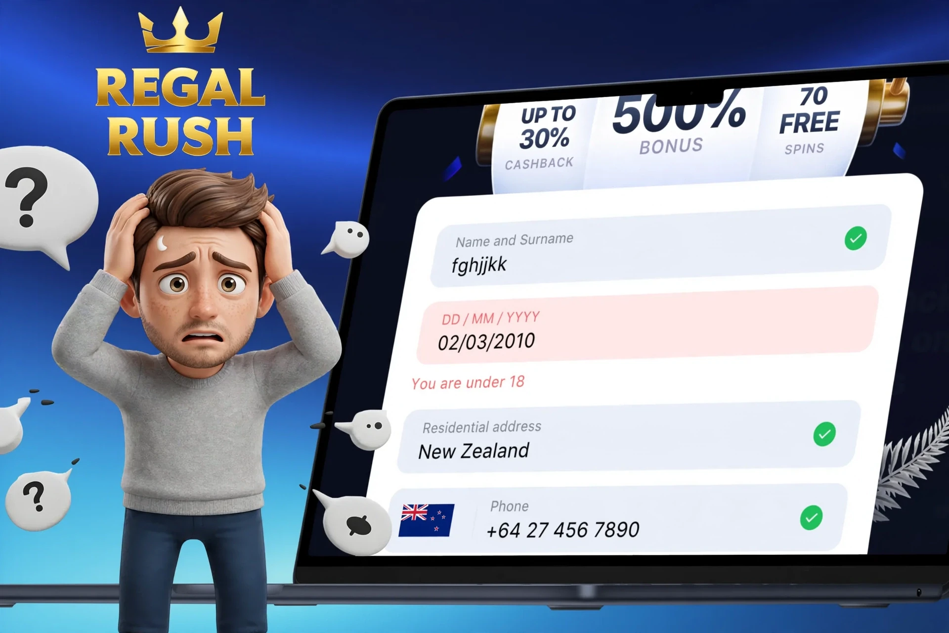 Description of possible difficulties when registering on Regal Rush Casino